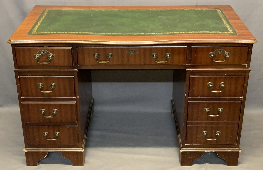 REPRODUCTION MAHOGANY TWIN PEDESTAL DESK - green leather gilt tooled skiver having three frieze