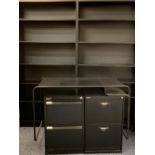 BLACK OFFICE FURNITURE, 5 ITEMS - a pair of matching bookcases, 195cms H, 195cms H, 90cms W, 32cms