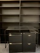 BLACK OFFICE FURNITURE, 5 ITEMS - a pair of matching bookcases, 195cms H, 195cms H, 90cms W, 32cms