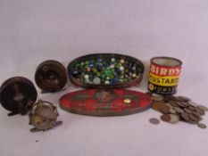 MARBLES - a good assortment including a vintage biscuit tin. Old coinage and a vintage custard