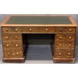 VICTORIAN MAHOGANY TWIN PEDESTAL DESK - having a green leather insert and moulded edge over twin