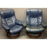 LADY'S & GENT'S STRESSLESS SWIVEL ARMCHAIRS IN BLUE, 100cm heights, 88 and 78cm widths, 52 and