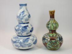 EARLY CHINESE DOUBLE GOURD VASE - Dutch clobbered, 26cms H and a triple Gourd Blue & White later