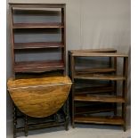 THREE VINTAGE OPEN BOOKSHELVES and an oak barley twist gate-leg dining table, 110 and 108cm heights,