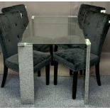 DINING TABLE & FOUR CHAIRS - stylish glass topped table with four pedestals, 77cms H, 80cms W, and a