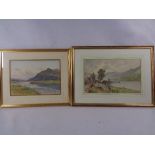 J W CLAYTON watercolour - Crafnant Lake with figure on a track with sheep and boat on the lake,