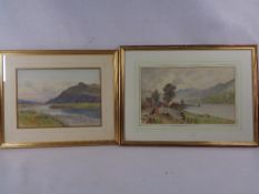 J W CLAYTON watercolour - Crafnant Lake with figure on a track with sheep and boat on the lake,