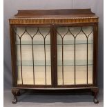 MAHOGANY RAILBACK TWO DOOR CHINA DISPLAY CABINET - with interior glass shelves on ball and claw