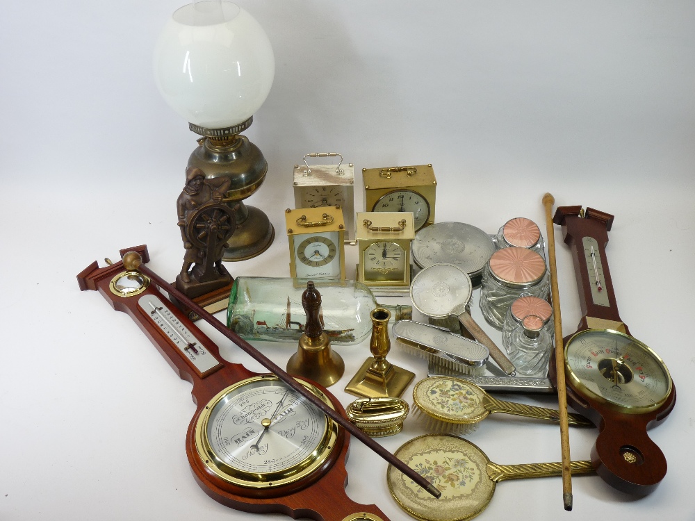 CARRIAGE CLOCKS, BAROMETERS, OIL LAMP, DRESSING TABLE SET, an eclectic parcel