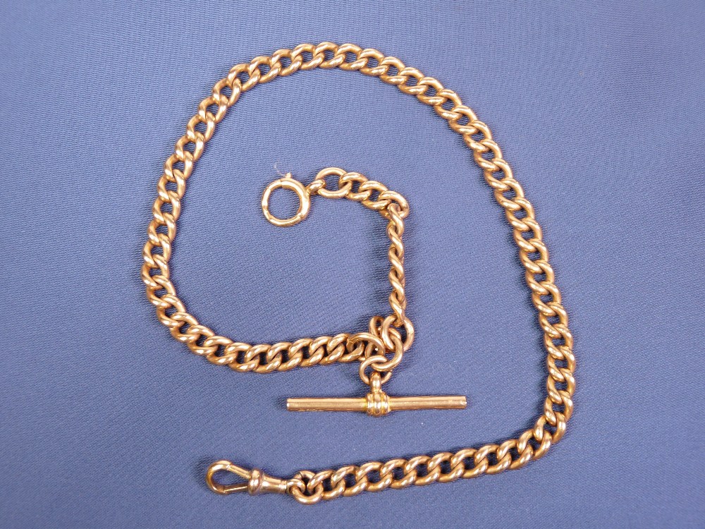 A GOLD ALBERT CHAIN - 9ct with T bar swivel and circular link, 57grms, 40cms long