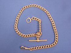 A GOLD ALBERT CHAIN - 9ct with T bar swivel and circular link, 57grms, 40cms long