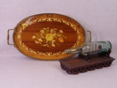 ITALIAN TRAY - heavily lacquered gallery twin handled and a vintage shipping bottle on hardwood