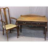 VINTAGE MAHOGANY TWO DRAWER DESK and an inlaid mahogany elbow chair, 83cms overall H, 106cms W, 53.