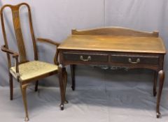 VINTAGE MAHOGANY TWO DRAWER DESK and an inlaid mahogany elbow chair, 83cms overall H, 106cms W, 53.