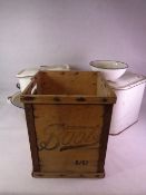 ENAMEL LIDDED BREAD BINS, 31cms tall, an enamel bath, 51cms L, ETC and a wooden merchandise box