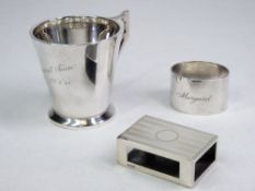 SMALL SILVER PARCEL - a plain tapered tankard inscribed 'Margaret Ann 25 05 41, 3.9ozs, Birmingham