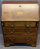 EDWARDIAN INLAID MAHOGANY FALL FRONT BUREAU - Sheraton type shell inlay to the fall, interior