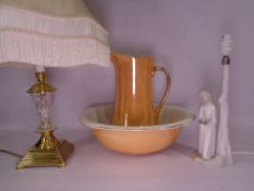 LUSTRE WASH BASIN & JUG SET, Nao table lamp and a fancy glass and brass effect table lamp