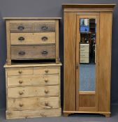STRIPPED VINTAGE PINE BEDROOM FURNITURE, 3 ITEMS - a single door mirrored wardrobe, 187cms H,