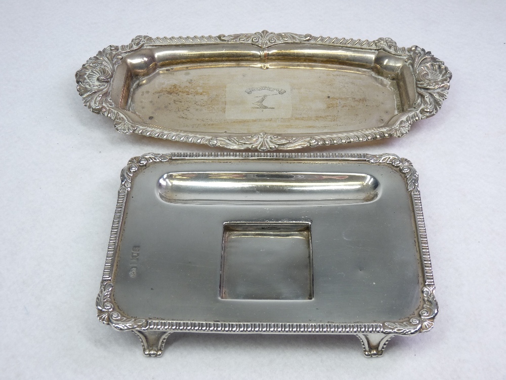 A SILVER INK & PEN STAND - oblong with ridged and scrolled border, 6.5ozs, London 1913 on corner