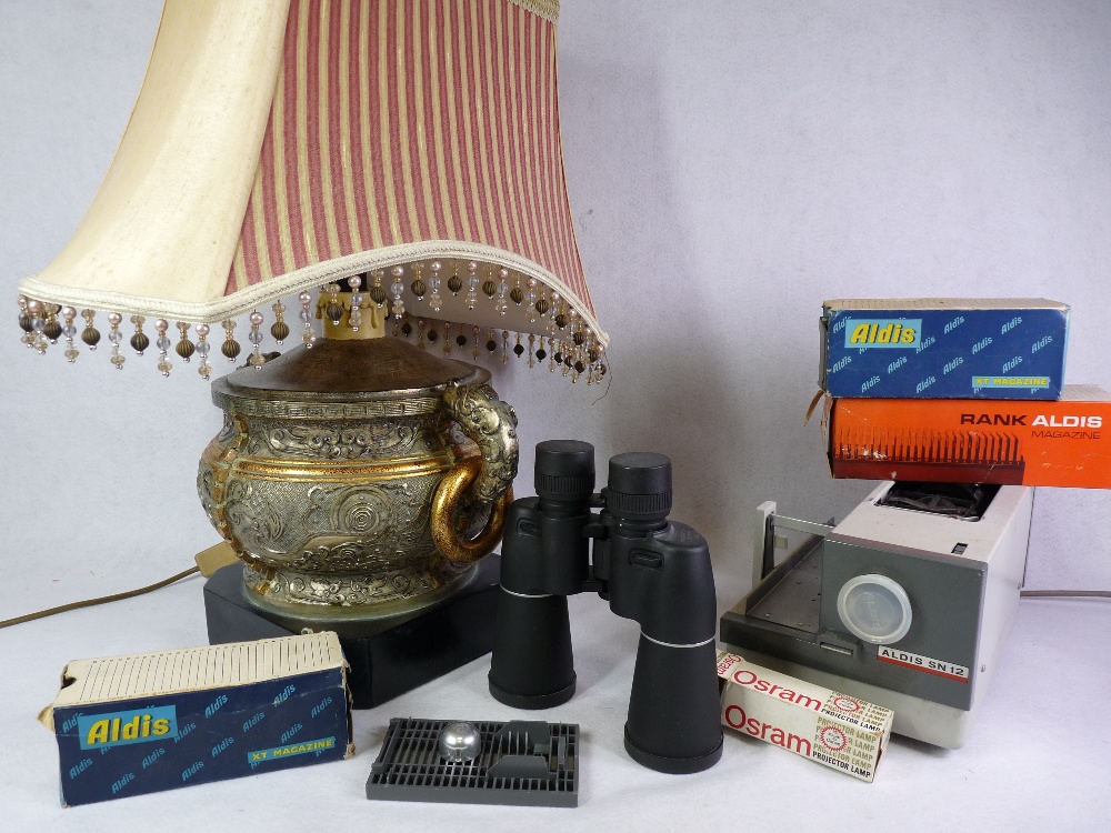 TABLE LAMP - fancy reproduction Eastern style E/T, pair of modern binoculars and a vintage