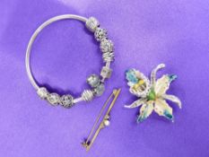 A PANDORA 925 SILVER BANGLE - 38.9grms in original Pandora box and an orchid and enamel white metal
