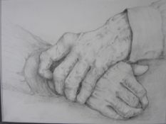 JUDITH MACKINLAY pencil study of hands, signed and dated to labels verso, 2008, 14.5 x 19.5cms