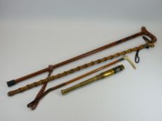 SMALL BRASS TELESCOPE, vintage riding crop and two walking sticks