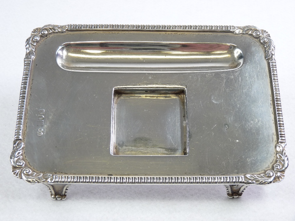 A SILVER INK & PEN STAND - oblong with ridged and scrolled border, 6.5ozs, London 1913 on corner - Image 2 of 5