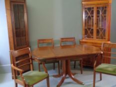 REPRODUCTION FURNITURE - walnut effect dining suite of single pedestal dining table, four chairs and