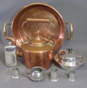 COPPER, PEWTER & EPNS - large twin handled pan, 38cms diameter, kettle ETC