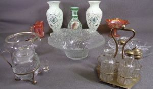 MILK GLASS VASES, a pair, 26cms H, other glassware including condiment set, carnival glass ETC