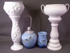 FALCONWARE matching table lamp and vase (20cms H) and two white jardiniere and stands