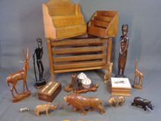 TREEN - letter racks, carved animals and figures, mid Century magazine rack ETC