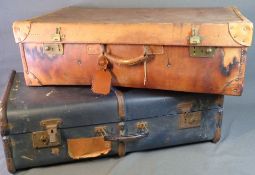 VINTAGE LEATHER SUITCASE and a metal banded trunk