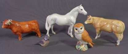 BESWICK DAPPLED GREY HORSE, Beswick barn owl, unmarked cow and bull figure ornaments and a
