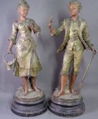 SPELTER FIGURES - a pair on circular wooden bases, boy and girl, titled 'Gallant Jardinier' and '