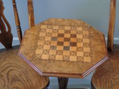 MARQUETRY TOPPED GAMES TABLE - octagonal shaped, 60cms H, 51cms W, 44cms D (the top) and a near pair