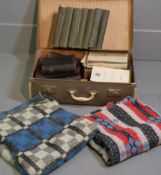 OLD SUITCASE with vintage book contents, Fidelity cased turntable and a quantity of blankets