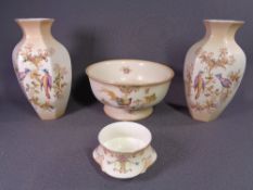 CROWN DUCAL VASES - floral decorated with exotic birds, a pair, 25cms H, similar patterned