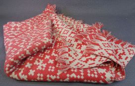 WELSH WOOLLEN BLANKET in red and white with tasselled ends, 136 x 136cms