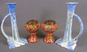 ART DECO STYLE CANDLEHOLDERS, a pair, 22.5cms H and a pair of slag glass rose vases, 14cms H