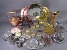 PEWTER - an assortment of beaten and other items and a selection of brass and copperware ETC