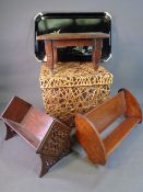 TREEN - two good tabletop bookshelves, a wicker basket, a black japanned tray and vintage oblong