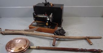 SINGER SEWING MACHINE with crank action, in a vintage carry case, a long handled bed warming pan and