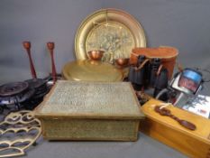 VINTAGE BOXED APOTHECARY SCALES, brass jewellery box, vintage cased field glasses, brass charger and