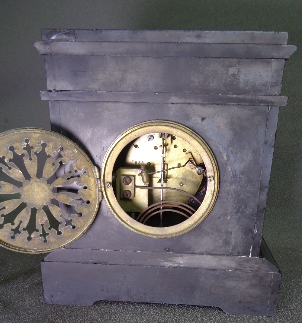 SLATE CLOCK with Roman numerals, eight day movement, 26cms H, 26cms W, 15cms D - Image 2 of 2