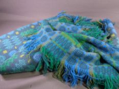 TRADITIONAL WELSH WOOLLEN BLANKET with tasselled ends, in blues and greens, 160cms x 228cms