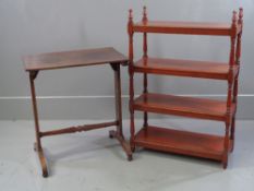 MAHOGANY SIDE TABLE with oblong top, 73cms H, 68cms W, 48cms D and a mahogany three shelf whatnot,