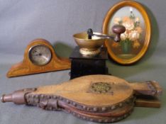 VINTAGE METAL BASED COFFEE GRINDER, bellows, decorative mantel clock and an oval print